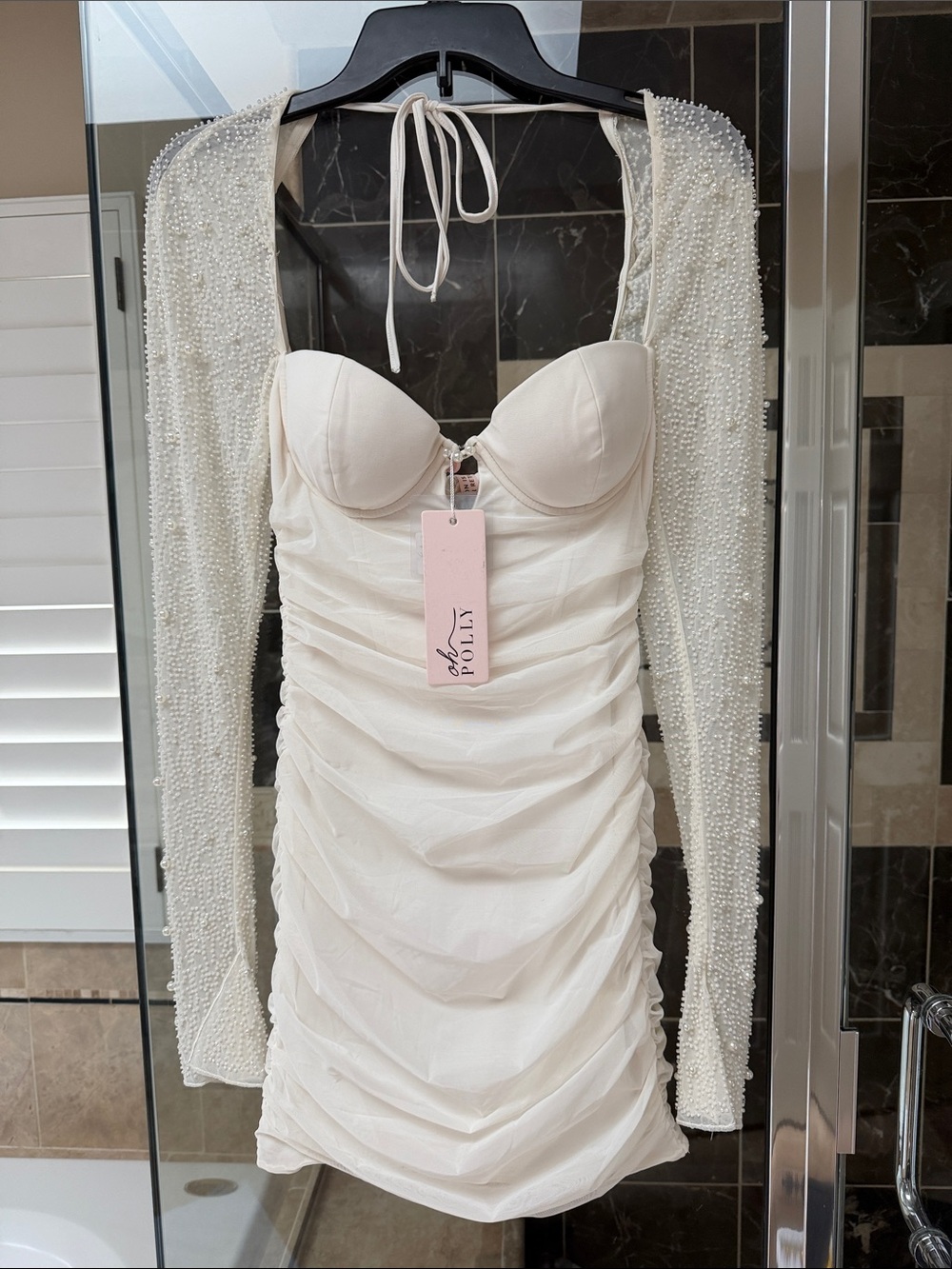 Oh Polly Ivory Ruched Mini Dress with Beaded Sleeves